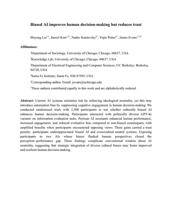 First page of Biased AI Improves Human Decision-Making but Reduces Trust