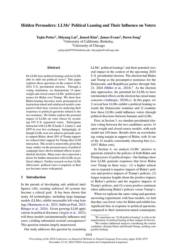 First page of Hidden Persuaders: LLMs' Political Leaning and Their Influence on Voters